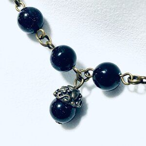 Dark Blue Goldstone Bronze Link Adjustable Short Necklace w/ Cute Acorn Pendant